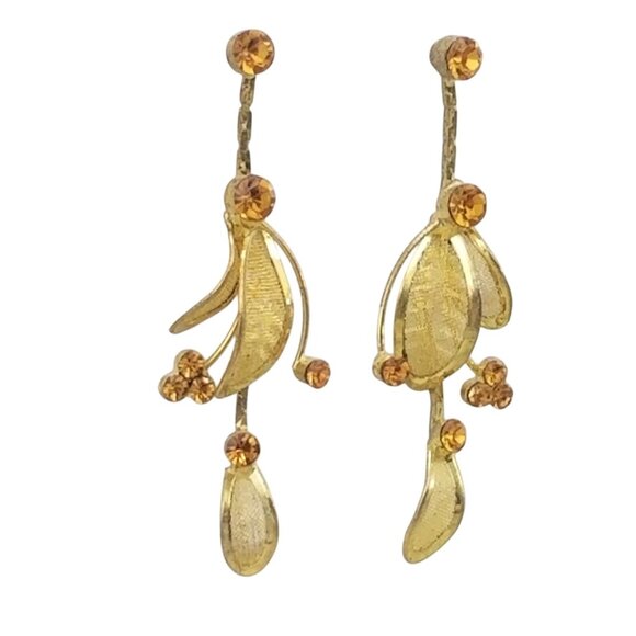 Gold Tone Mesh Long Dangly Floral Earrings Orange Rhinestone Well Made - Picture 2 of 3